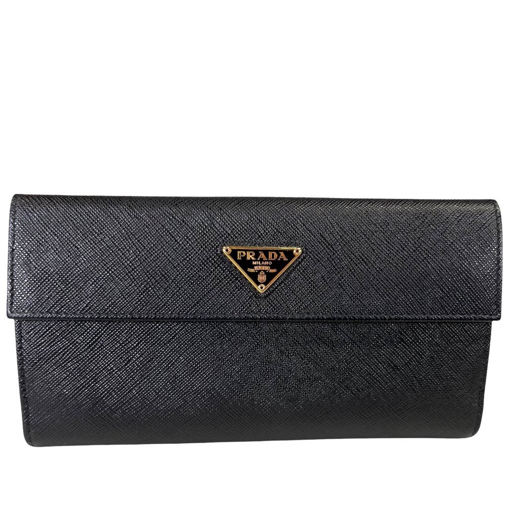 Authentic Prada Wallet Long Logo Plate Bifold Black Leather Vintage